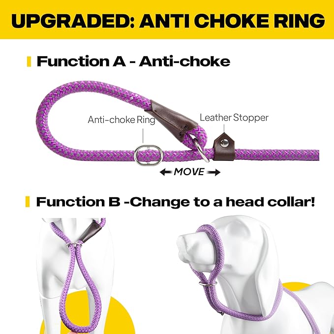 Fida Durable Slip Lead, 6 FT x 1/2" Heavy Duty Rope Leash for Large, Medium Dogs, No Pull Pet Training Leash with Highly Reflective, Purple