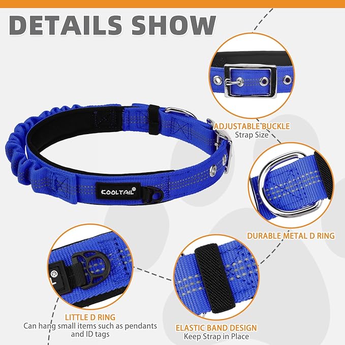 KOOLTAIL Heavy Duty Dog Collar with Handle for Large Dogs, Ballistic Nylon Collar for Training Control, Soft Padded Thick Wide Reflective Dogs Collar with Adjustable Metal Buckle for Walking, Blue S