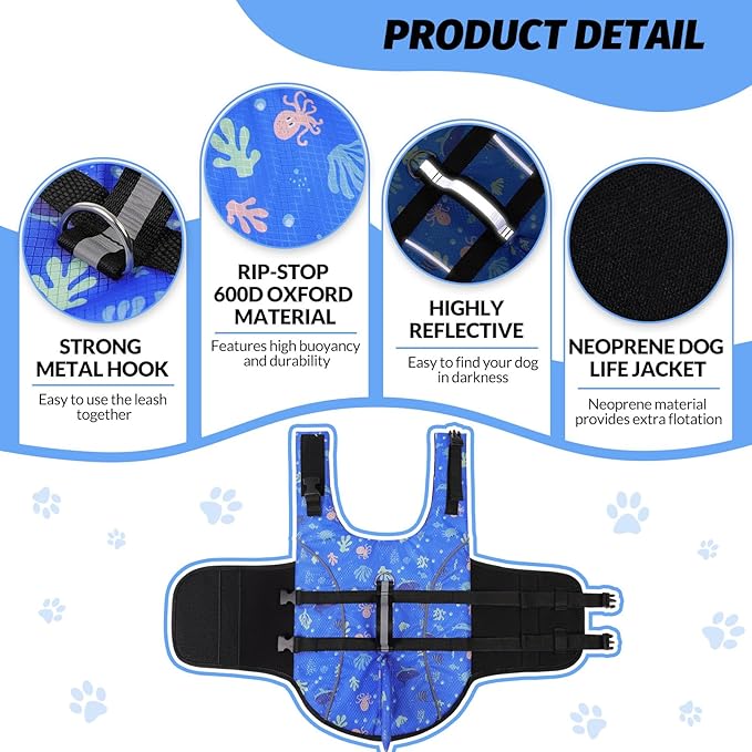 Queenmore Dog Life Jacket Small, Dog Life Vest for Swimming, Shark Life Jacket for Boating with Handle/Leash Hook, Lightweight Puppy Cats Floating Vest for Swim Water Pool (Prints,S)