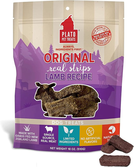 Plato Pet Treats Real Strips - Air-Dried Meat Bars for Dogs - Delicious, Limited Ingredient Dog Treats - Grain Free Dog Treats - Original Real Strips Lamb 6oz