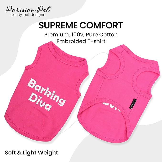 Parisian Pet Dog Tshirt - Embroidered “Barking Diva“ Girl Dog Clothes - Breathable and Lightweight Pet Vest - Sleeveless Pink Tee Shirts - Machine Washable Shirt for Medium Dogs - M