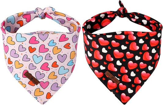 Lionet Paws Valentine's 2pcs Dog Bandanas, Black Heart & Colorful Heart Dog Scarf Bib Premium Fabric, Happy Valentine Love Bandanas for Small Dogs Pets