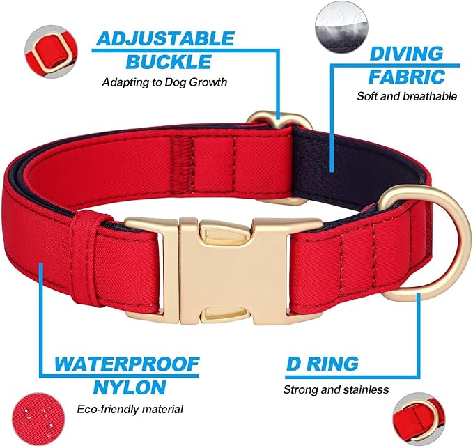 Didog Soft Padded Dog Collar for Large Dogs, Waterproof and Durable Pet Collar with Quick Release Buckle, Light and Breathable for Daily Walking,Red,L(Neck:15-23")