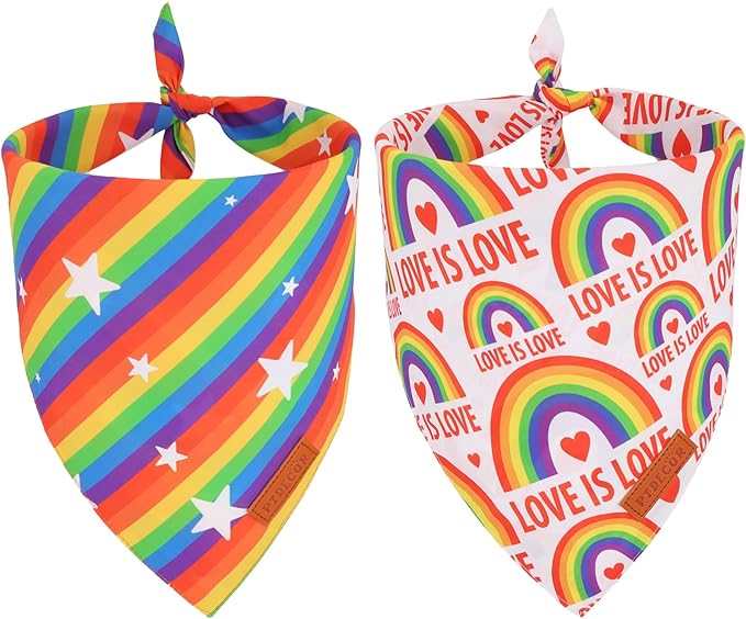 PTDECOR Rainbow Dog Bandanas Pride Day, Multi Size,“Love is Love” Pet Scarf Reversible Triangle LGBT+ Rainbow Bandanas for Medium Large Dogs Pets (Large)