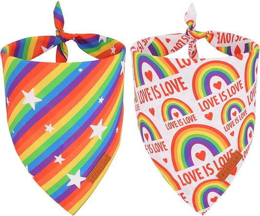 PTDECOR Rainbow Dog Bandanas Pride Day, Multi Size,“Love is Love” Pet Scarf Reversible Triangle LGBT+ Rainbow Bandanas for Medium Large Dogs Pets (Large)