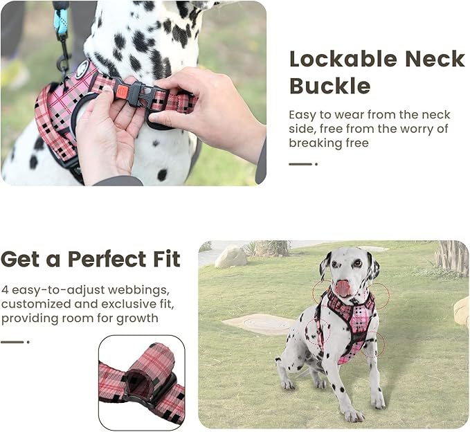 FURRYFECTION Plaid Dog Harness for Medium Dogs | No Pull Reflective Pet Harness | No Choke Adjustable Dog Vest Harnesses | with Leash | Easy Control Handle | Front Lead | Seat Belt | Pink&Black| M