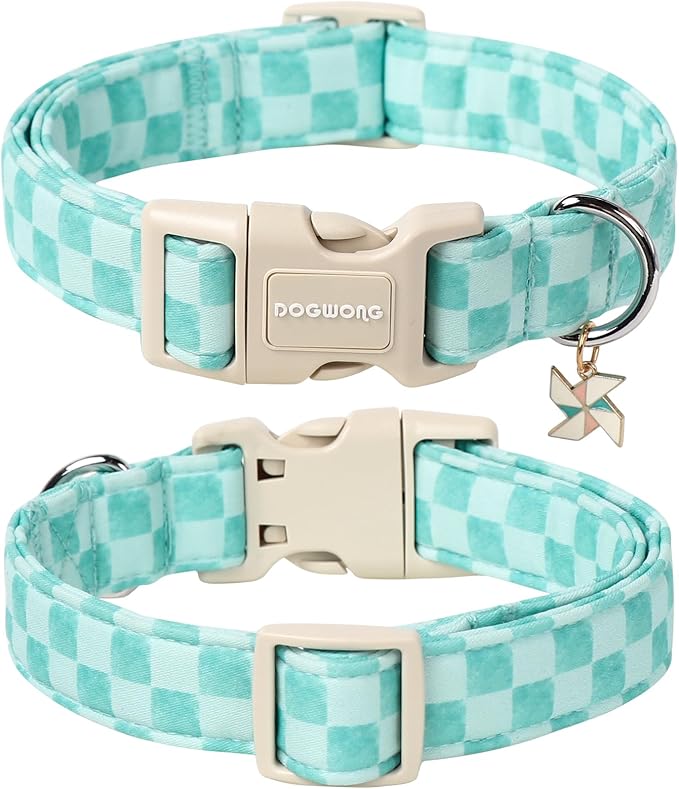 DOGWONG Green Dog Collar, Green Plaid Dog Collar Durable Checkered Pet Dog Collars Cute Summer Boy Puppy Necklace for Small Medium Large Dogs