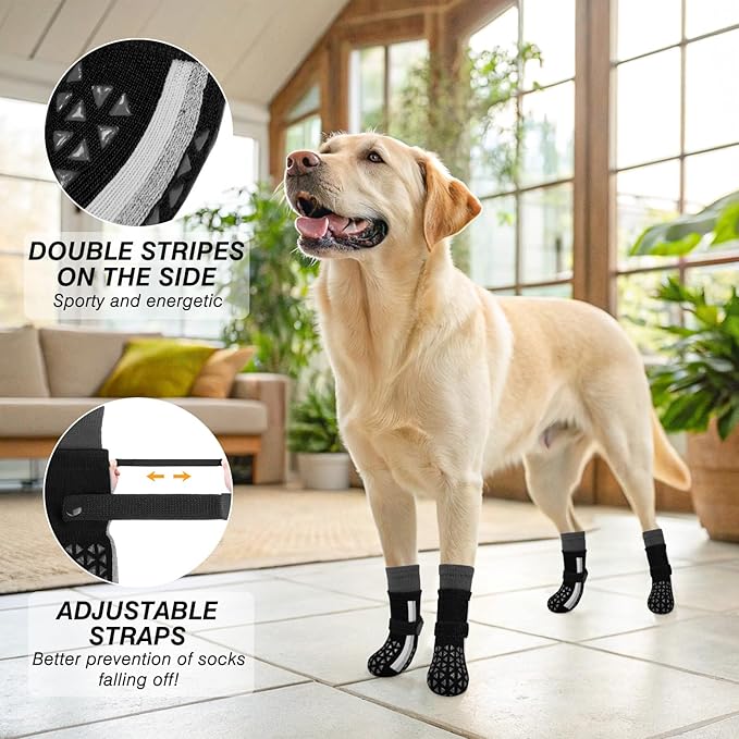 SCENEREAL Anti Slip Dog Socks for Hot Pavement to Prevent Licking Paws, Long Sporty Style Reflective Dog Grip Socks for Hardwood Floors, Dog Shoes Booties&Paw Protector for Large Senior Dog, Black L