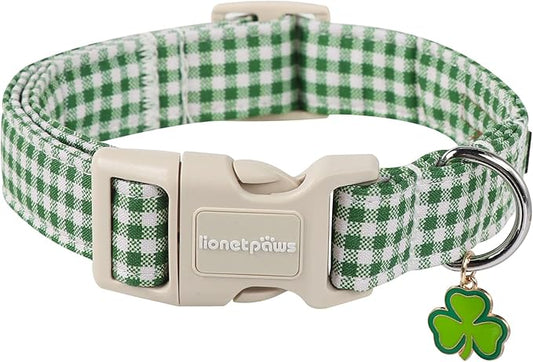 Lionet Paws St. Patrick Dog Collar, Comfortable Adjustable Green Collar with Green and White Grid Pattern for Large Male Female Dogs Collars,Neck 16-24 inches