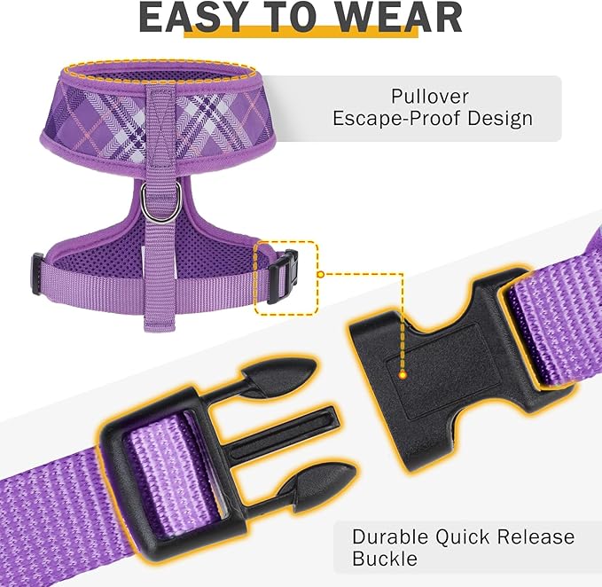 SCENEREAL No Pull Dog Harness Collar and Leash Set Small Medium Sized Dog, Soft Mesh Step in Puppy Harnesses, No Chock Plaid Adjustible Pet Vest for Outdoor Walking Training and Running, Purple M