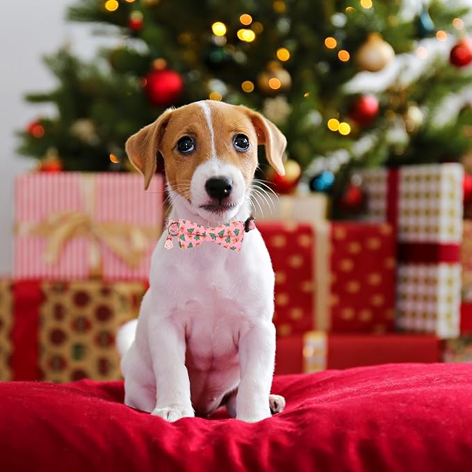ADOGGYGO Christmas Dog Collar with Detachable Bowtie, Adjustable Pink Pet Christmas Collars for Small Medium Large Dogs (Small)