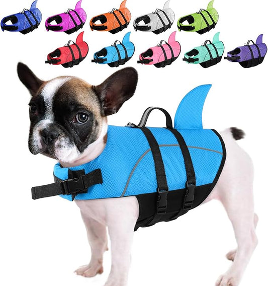 Queenmore Small Dog Life Jacket,Shark Dog Life Vest for Swimming,Puppy Light Life Preserver for Boating Kayaking Canoeing,Pet Lifesaver with High Buoyancy,Rescue Handle,Leash Hook (Peacock Blue,L)