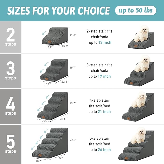 Dog Stairs for Small Dogs 15.7" H, Curved Dog Step for Puppy, Older Cat, Medium Pet Ramp for Sofa, Couch or Bed, Ladder with High Density Foam, 15.7x22.4x15.7 inch, 3 Step, Dark Grey