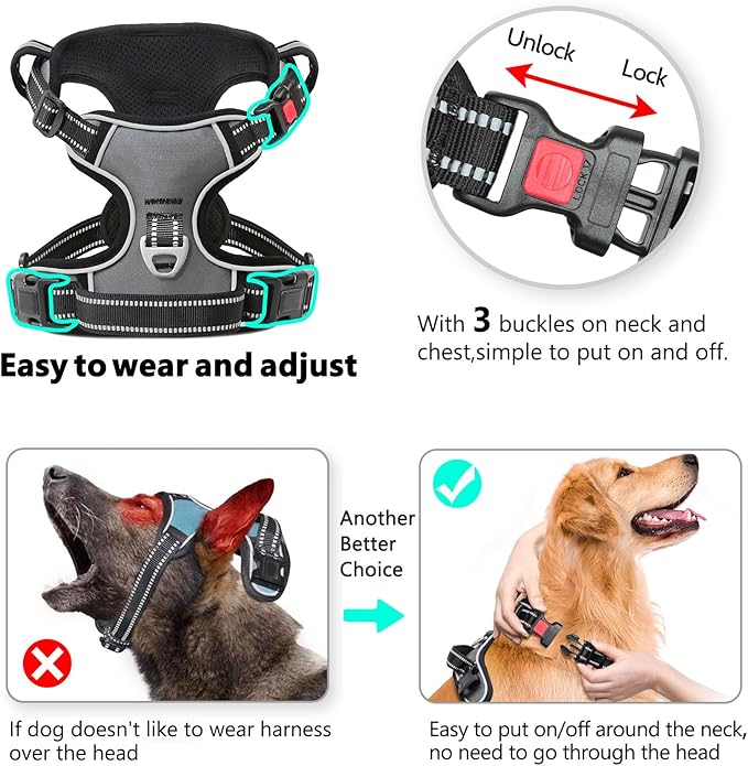 Timos Dog Harness Small Sized, No Pull with Neck Lockable Snap,No Choke Front Clip Dog Reflective Harness,Adjustable Metal Rings 3 Buckles,Easy Control Handle for Small Dogs Gray XS