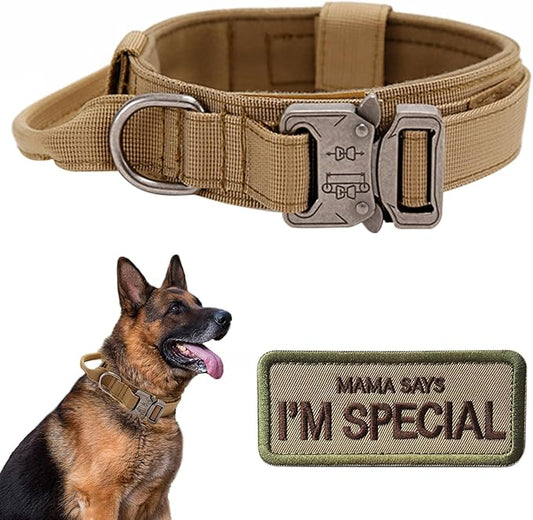 Tactical Dog Collar with Handle - Military Adjustable Dog Training Collar Soft Nylon and Heavy Duty Metal Buckle for Medium Large Dogs - with Patch (Brown, Large)