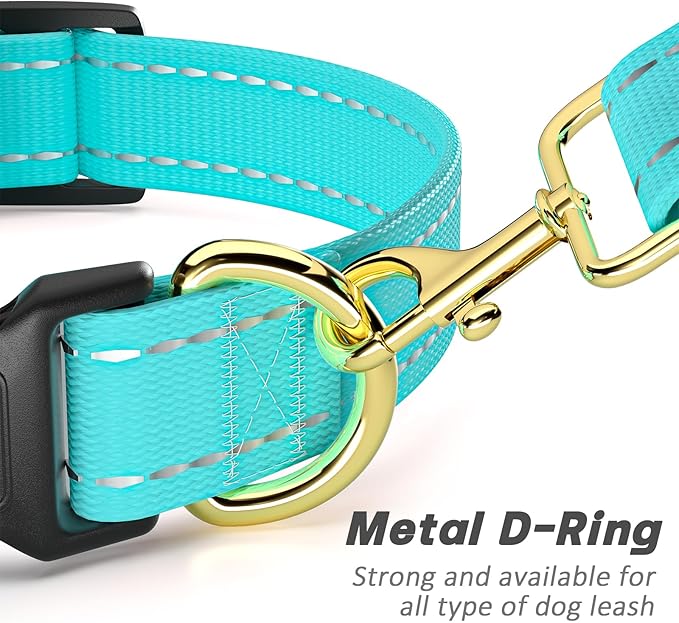 Reflective Dog Collar for Large Dogs, Cute Adjustable Heavy-Duty Nylon Puppy Collars for Boy and Girl Female, Soft Pet Accessories with Quick Release Buckle, Neck 16-24", Turquoise