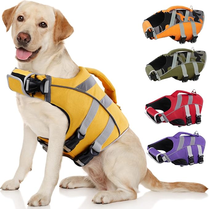 Kuoser High Visibility Dog Life Jacket with Reflective Stripes - Adjustable Ripstop Pet Lifesaver with High Flotation for Small, Medium & Large Dogs