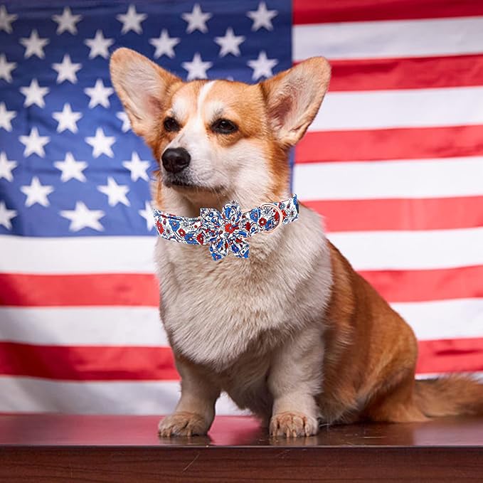 Elegant little tail Independence Dog Collar, Blue with Red Flower Dog Collars Holiday Dog Collar with Flower Pet Gift Adjustable Puppy Collar for X-Small Puppy