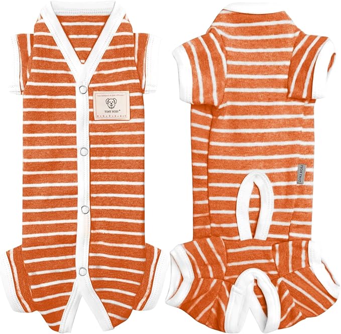 TONY HOBY Male Pet Dog Pajamas Stripes 4 Legged Dog pjs Jumpsuit Soft Cotton Dogs Clothes(M, Orange+White-Boys)