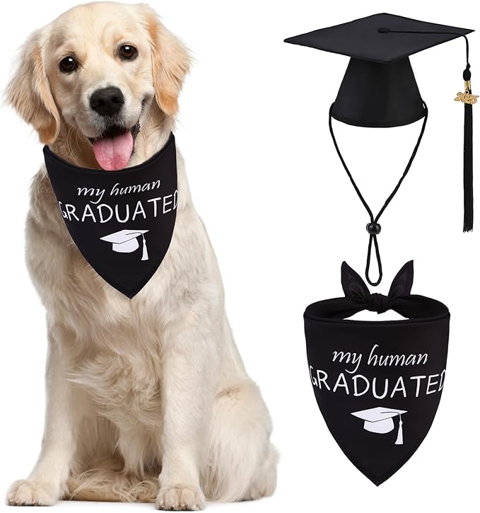 PUPTECK Dog Graduation Bandana Outfit Scarf with Cute Doggy Cap, Costume Decorations Supplies for Small Medium Large Dogs Boy Girl Gifts, Black