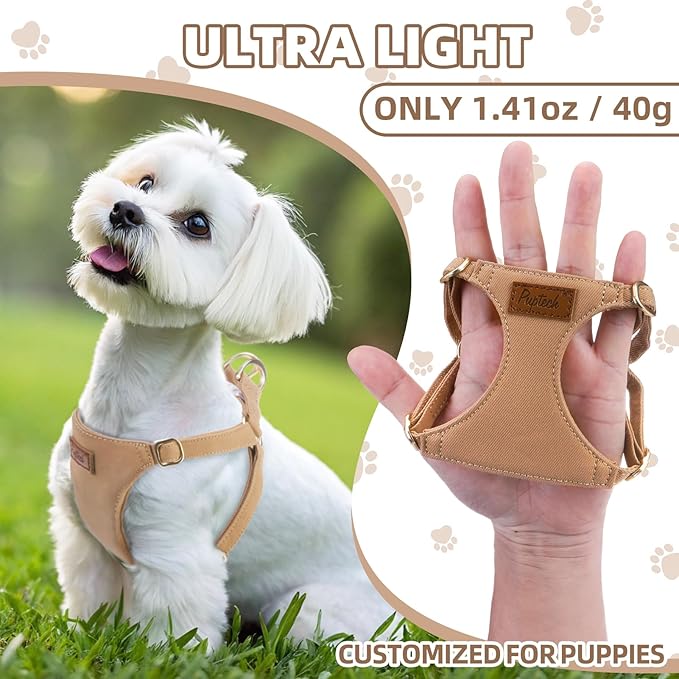 PUPTECK Dog Harness and Leash Set Small Sized, Step-in Cute Puppy Harness, Soft Lightweight Padded Vest, Escape Proof No Pull Pet Harnesses Easy for Walking, Khaki, XS