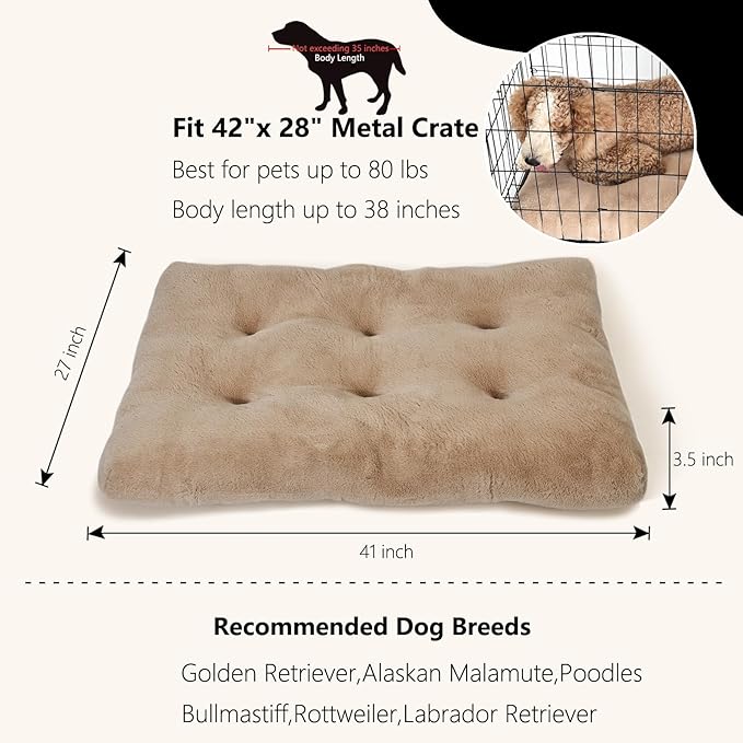 Dog Beds Large Sized Dog Washable fit Metal Crates or Kennel,Crate Pad 42x28 with Faux Fur Cage Mat for up to 70 lbs Pet,Extra Soft Crate Mat 42 inch Anti-Slip Bottom,Light Brown