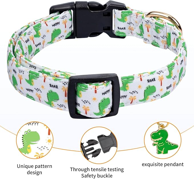 Cotton Dog Collar,Adjustable Cute Puppy Collar with Moon Patterned Design for Small Medium Large Dogs,Soft and Fancy Pet Collar with Safety Buckle for Girl Boy Dogs (Green Dinosaur, L)