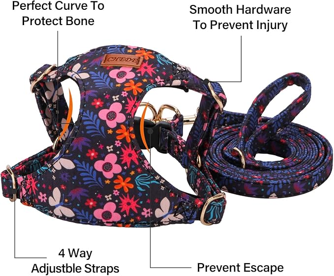 CHEDE No Pull Floral Pattern Dog Harness- Lightweight and Soft Dog Harness, Adjustable Small Dog Harness and Leash Set, with Dog Leash, Suitable for Puppy Small and Medium-Sized Dog