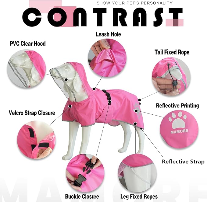 MAMORE Dog Raincoat Hooded Rain Jacket for Small Medium Large Dogs Slicker Poncho Bottom Waterproof Adjustable Reflective Breathable Leash Hole (Pink, Small)