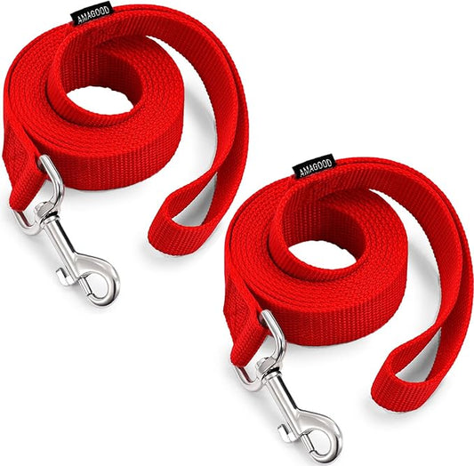 AMAGOOD 6 FT Dog Leashes, Strong and Durable Traditional Style Leash with Easy to Use Collar Hook,Dog Leads Great for Small and Medium and Large Dogs (1" x 6 ft,Red(Pack of 2))
