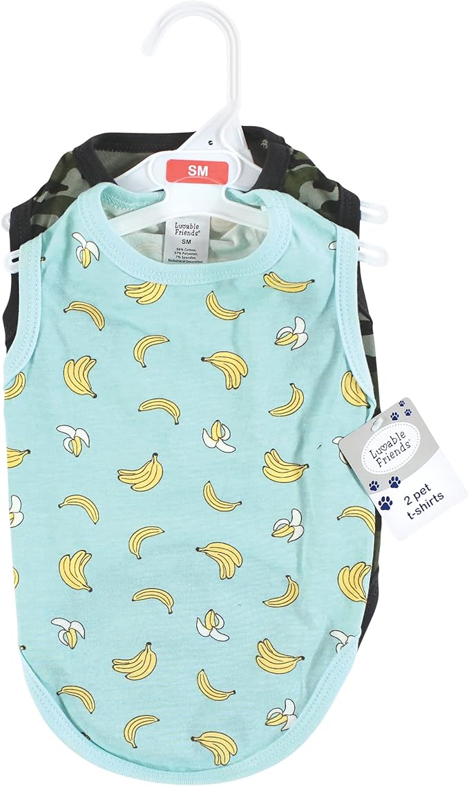 Luvable Friends Dog Pet Dog and Cats Cotton T-Shirts 2pk, Banana Camo, X-Large