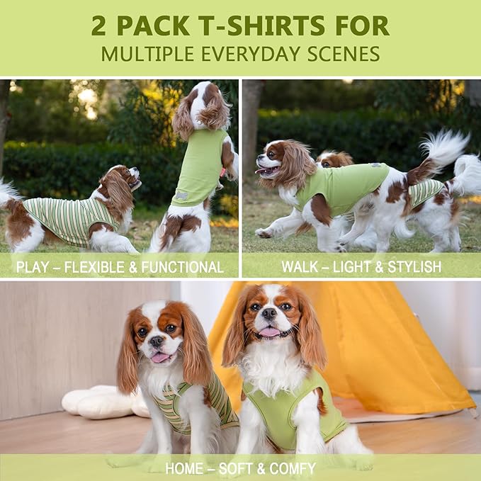 KYEESE 2Pack Dog Shirts Striped T Shirt for Medium Dogs Boy Lightweight Sleeveless Vest Cotton Tank Top Clothes, XX-Large,Green+Striped