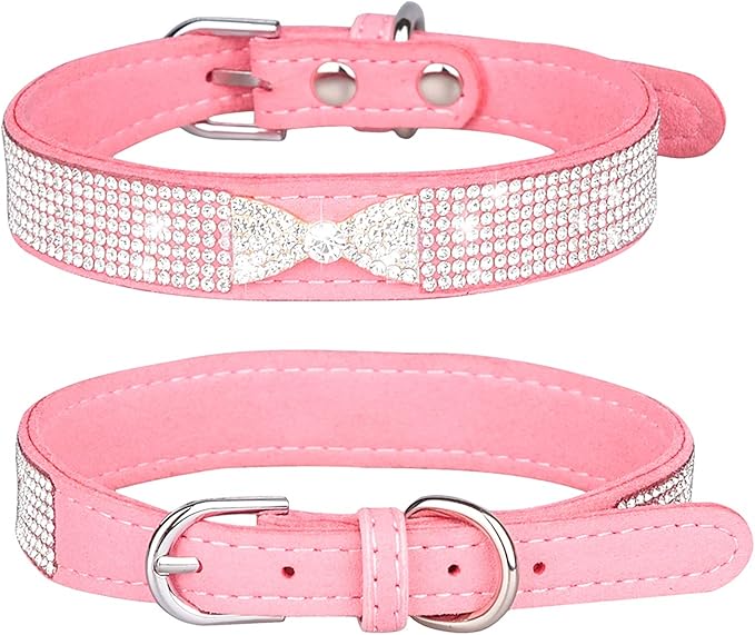 Rhinestone Dog Collar, Cute Dazzling Sparkling Soft Suede Leather Dog Cat Rhinestone Collar Crystal Diamond Pet Dog Puppy Collar (S, Pink-2)