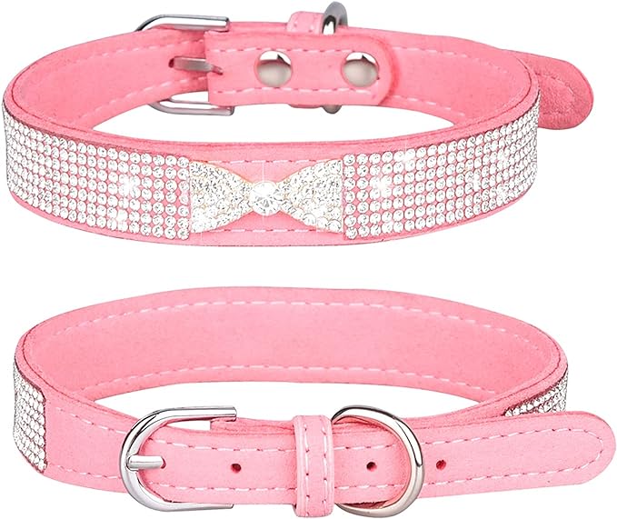 Rhinestone Dog Collar, Cute Dazzling Sparkling Soft Suede Leather Dog Cat Rhinestone Collar Crystal Diamond Pet Dog Puppy Collar (XS, Pink-2)