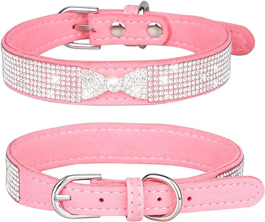 Rhinestone Dog Collar, Cute Dazzling Sparkling Soft Suede Leather Dog Cat Rhinestone Collar Crystal Diamond Pet Dog Puppy Collar (XS, Pink-2)
