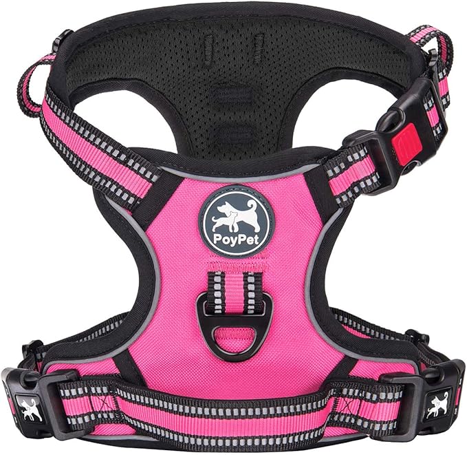 PoyPet No Pull Dog Harness, [Release on Neck] Reflective Adjustable No Choke Pet Vest with Front & Back 2 Leash Attachments, Soft Control Training Handle for Small Medium Large Dogs(Pink,S)