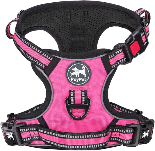 PoyPet No Pull Dog Harness, [Release on Neck] Reflective Adjustable No Choke Pet Vest with Front & Back 2 Leash Attachments, Soft Control Training Handle for Small Medium Large Dogs(Pink,S)