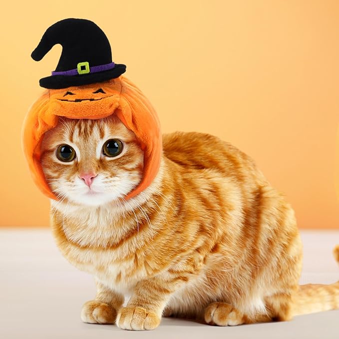 4 Pcs Cat Halloween Pumpkin Costume Dog Pumpkin Hat Adjustable Pet Headdress Cute Cap Headwear for Halloween Party Cosplay Costume Puppy Kitten Dress up Accessories