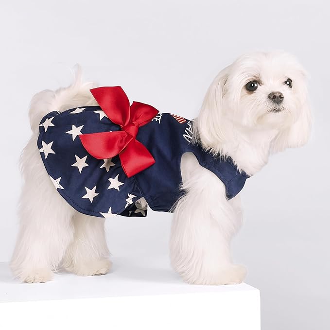 Fitwarm 100% Cotton 4th of July American Cutie Dog Clothes Memorial Day Dog Outfits Patriotic Dresses Doggie Dress Pet Cat Apparel Blue XXS