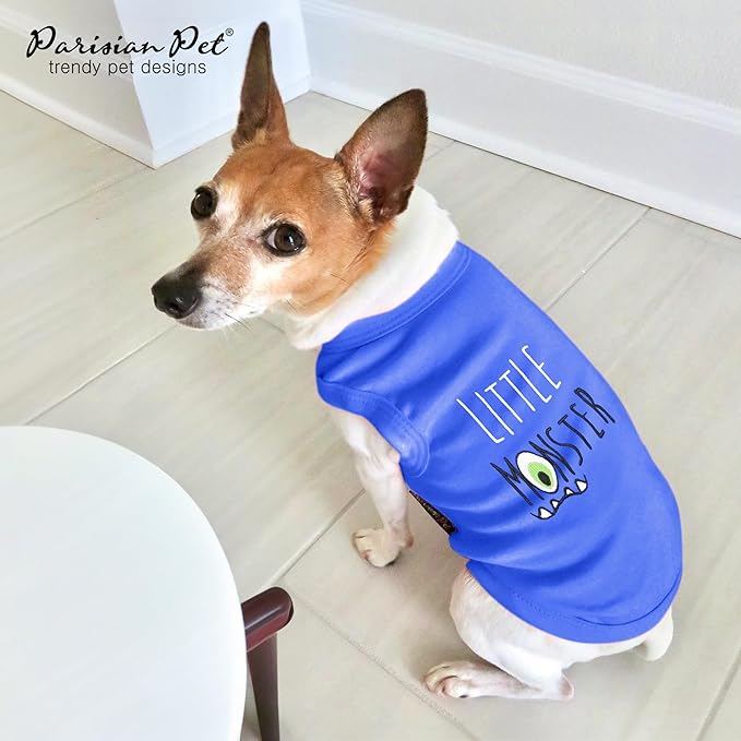 Parisian Pet Dog Tshirt - Embroidered “ Little Monster “ Boy Dogs Apparel - Pure Cotton and Lightweight Dog Clothes - Sleeveless Blue Doggy Tee Shirts - Machine Washable Shirts for Small Dogs - XS