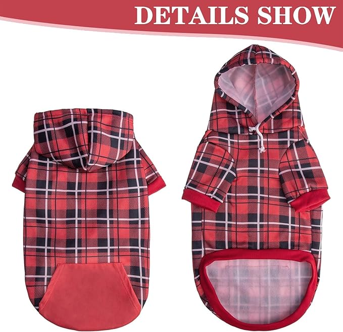 EXPAWLORER Plaid Dog Hoodie - British Style Warm Dog Sweater Shirt with Leash Hole,Pitbull Clothes Outfits,Winter Coat Apparel for All Breeds Puppy Girl Boy-Cat Apparel