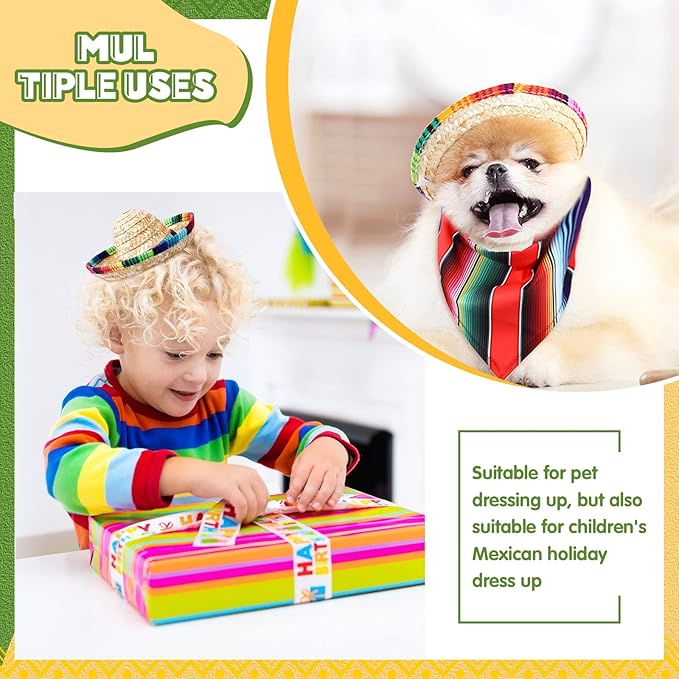 4 Pcs Cinco de Mayo Dog Bandana Cinco de Mayo Fiesta Fabric and Straw Sombrero Headbands Triangle Dog Sombrero Hat for Small Medium Pets Puppies Outdoor Colorful Serape Mexican Dog Gift Kids
