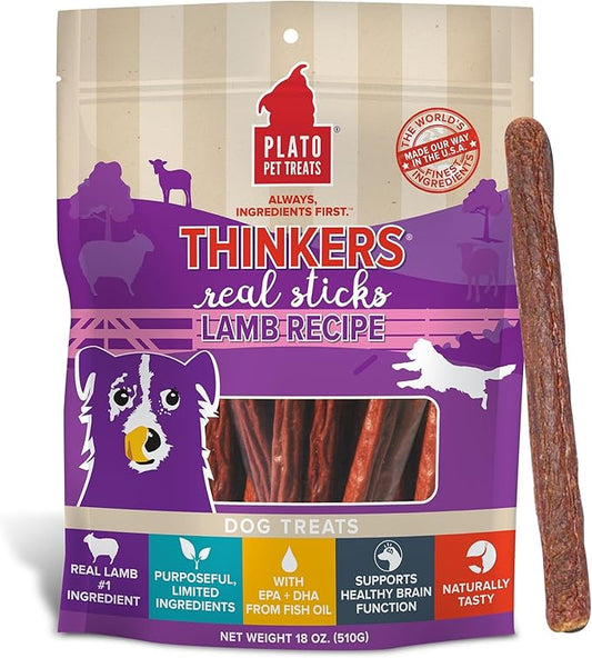 Plato Pet Treats Thinkers - Meat Stick Treats for Dogs - Limited Ingredient Dog Treats with EPA and DHA to Support Skin, Coat, and Brain - Air-Dried Dog Treats - Thinkers Lamb 18oz