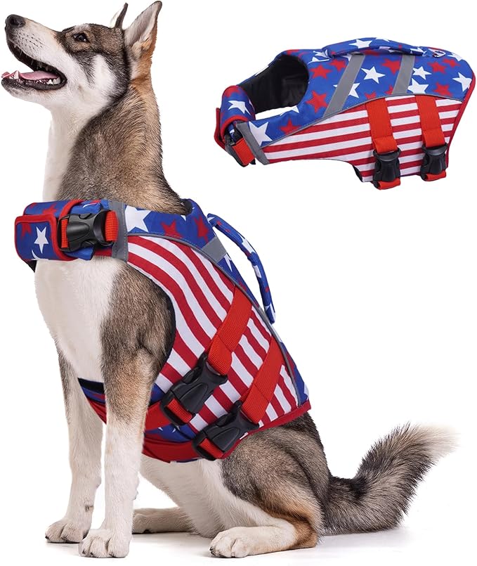 Kuoser Dog Life Jacket Large Breed, XXL Dog Life Vests for Swimming Boating, American Flag Reflective Dog Water Vest with High Flotation, Dog Swim Vest for Large Dogs