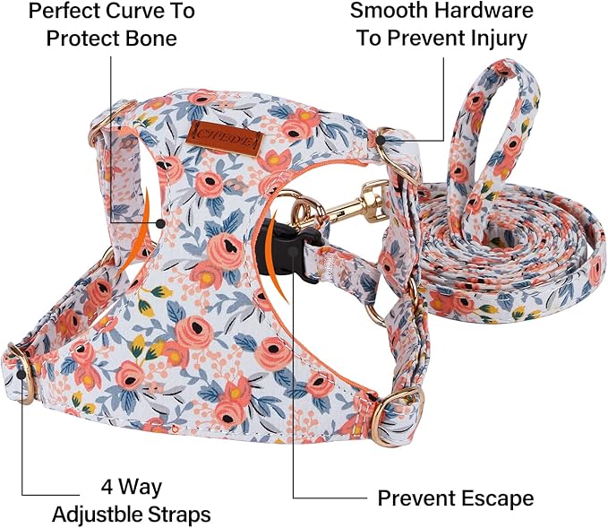 CHEDE No Pull Floral Pattern Dog Harness- Lightweight, Soft, Adjustable Small Harness and Leash Set, Suitable for Puppy Small and Medium-Sized Dog (S, Orange Rose)
