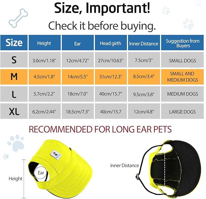 Pawaboo Dog Baseball Cap, Outdoor Pet Sport Sun Protection Baseball Cap Hat, Adjustable Travel Sport Hat Visor Sunbonnet Outfit with Ear Holes for Small Dogs Puppy, M, Yellow
