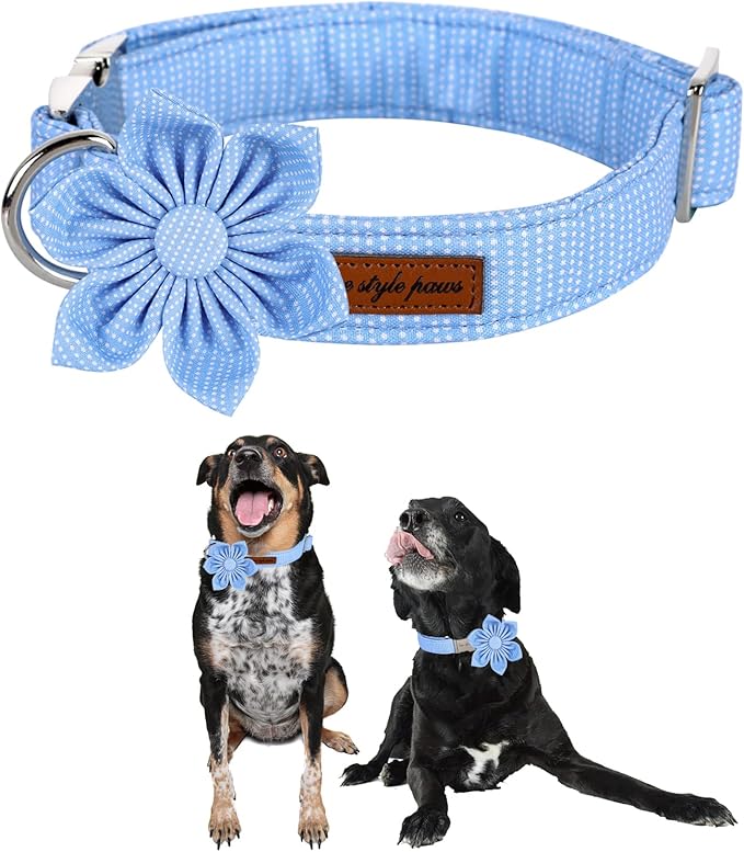 Unique style paws Dog Collar with Flower Tie Blue Dot Summer Dog Collar for Small Medium Large Dogs with Adjustable Metal Buckle -XS
