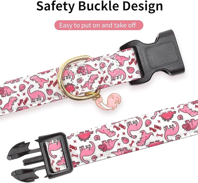 Cotton Dog Collar,Soft and Cute Puppy Collars with Pink Dinosaur Patterned Design for Girl Female Boy Dogs,Adjustable Buckle Pet Collar for Small Medium Large Dogs (Pink Dinosaur, L)