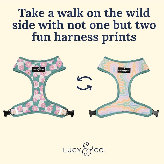 Lucy & Co. Cute Reversible Dog Harness Walking Halter - Best Designer Pet Harnesses for XS - XL Dogs - Padded Adjustable Vest for Easy Walking. (Just Chill Reversible Harness).