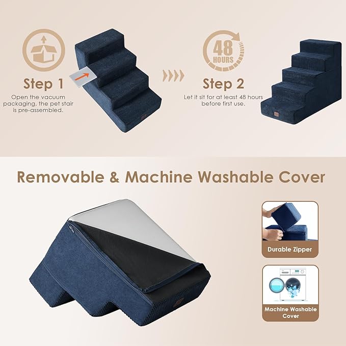 EHEYCIGA Dog Stairs for High Bed 22.5”H, 5-Step Dog Steps for Bed, Pet Steps for Small Dogs and Cats, Non-Slip Balanced Pet Ramp Indoor, Navy Blue